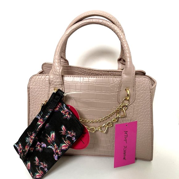 NWT Original BETSEY JOHNSON Structured Satchel Faux Croc Embossed + Wristlet - Picture 1 of 12